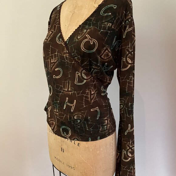 2000s y2k Steps Brand Deep V Wrap Alphabet Print Slinky Knit Bell Sleeve Large - Picture 3 of 16